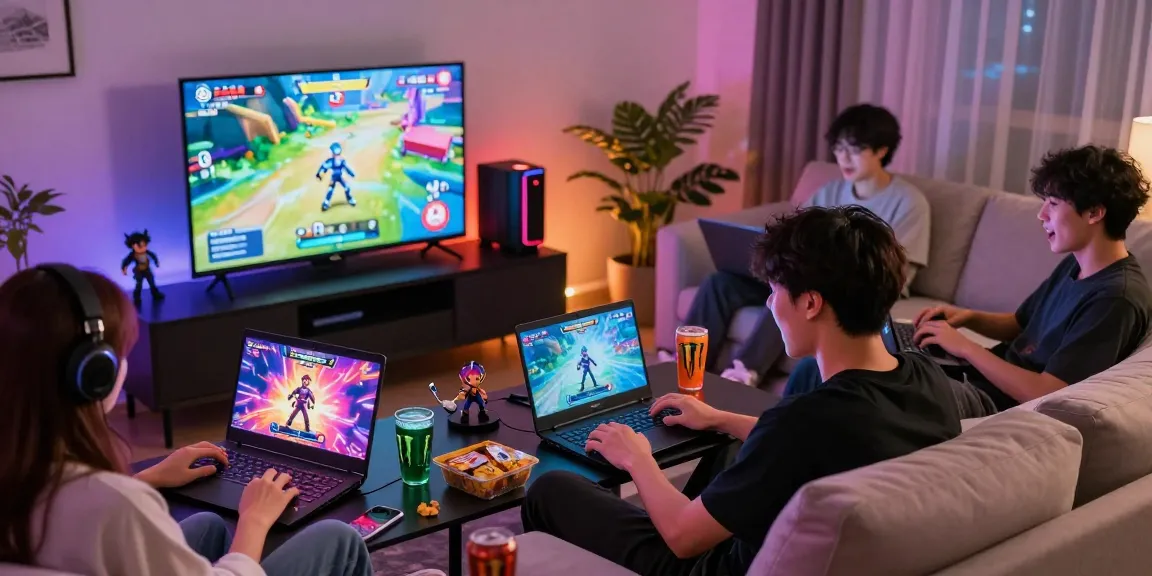Friends enjoying ecchi games together in a cozy room with vibrant lighting and snacks.