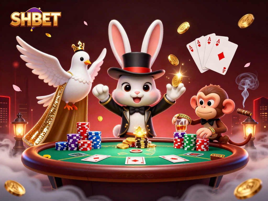 Engage with SHBET at a dynamic casino scene showcasing a magician rabbit with poker chips and golden coins.