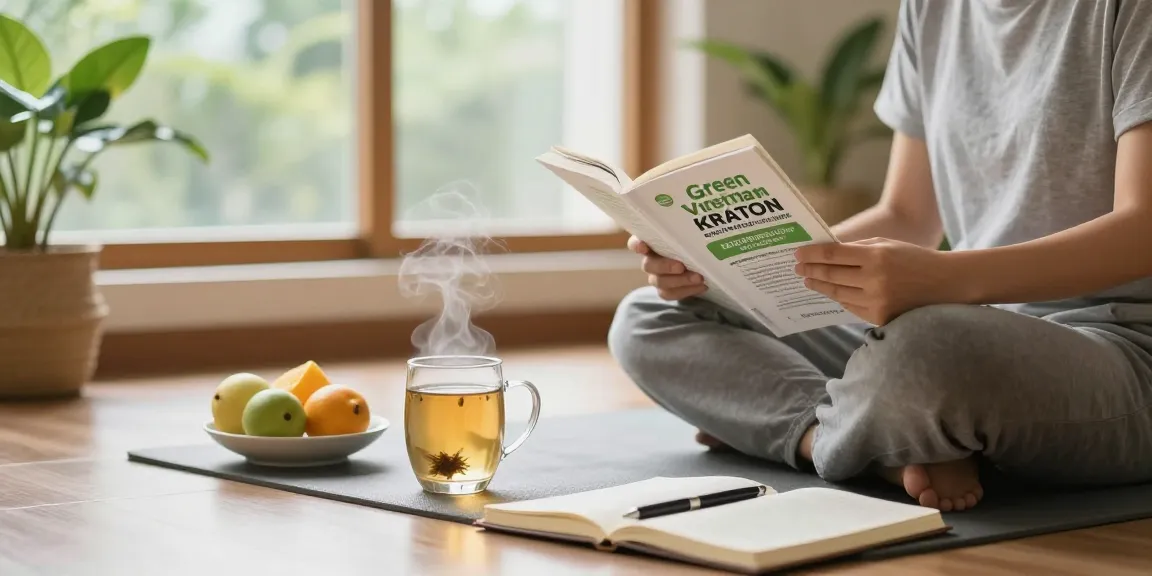Enjoying wellness insights about Green Vietnam Kratom benefits at behappygoleafy.com/green-vietnam-kratom in a tranquil home setting.