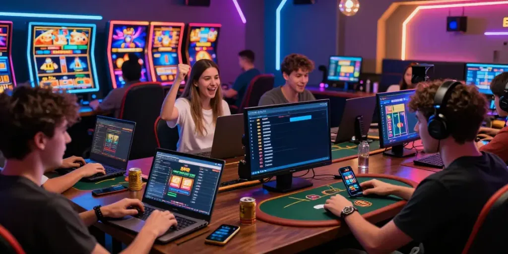 Players enjoying gem 88 gaming experience in a vibrant lounge atmosphere.