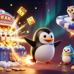 Engage in the thrilling UU88 game with a rocket-powered penguin amidst casino elements and excitement.