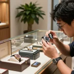 Examining high-quality super clone watches in a luxury boutique.
