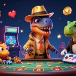 Experience thrilling gameplay with slot deposit 5k, featuring a velociraptor at a blackjack table amidst vibrant casino elements.