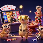 Dhani win game scene with lively meerkat characters operating a casino, featuring vibrant game elements and dynamic action.